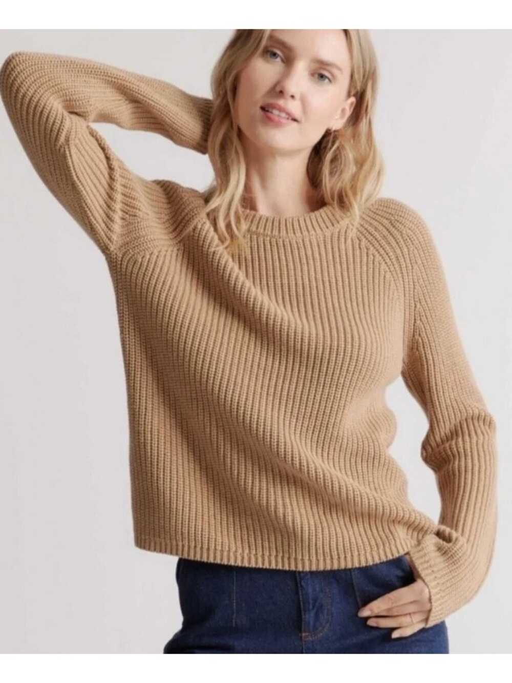 Quince Organic Cotton Fisherman Crew Sweater Women S Camel Rib Knit